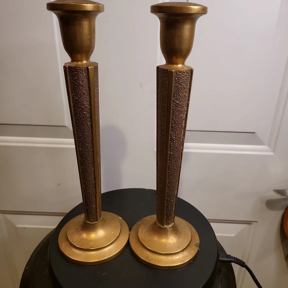Antique Pair of Bronze Cast Embossed Candle Holder Candle Sticks 12" - Picture 6 of 11